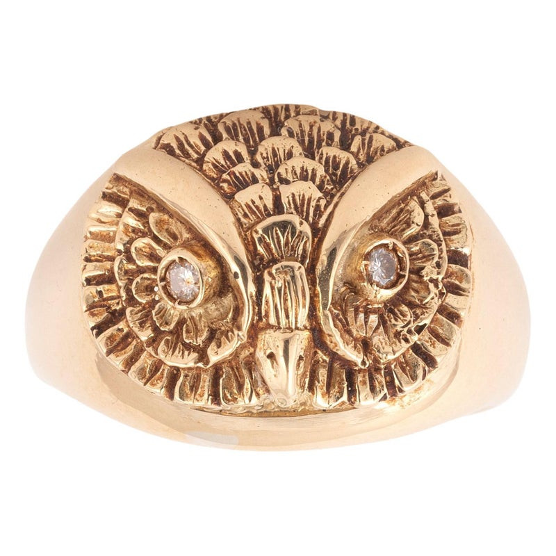 Vintage Small Gold and Diamond Owl Ring