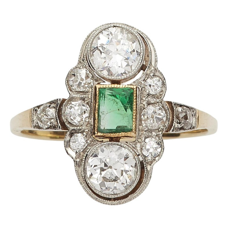 Art Déco Gold Platinum Diamond And Emerald Ring Circa 1920's