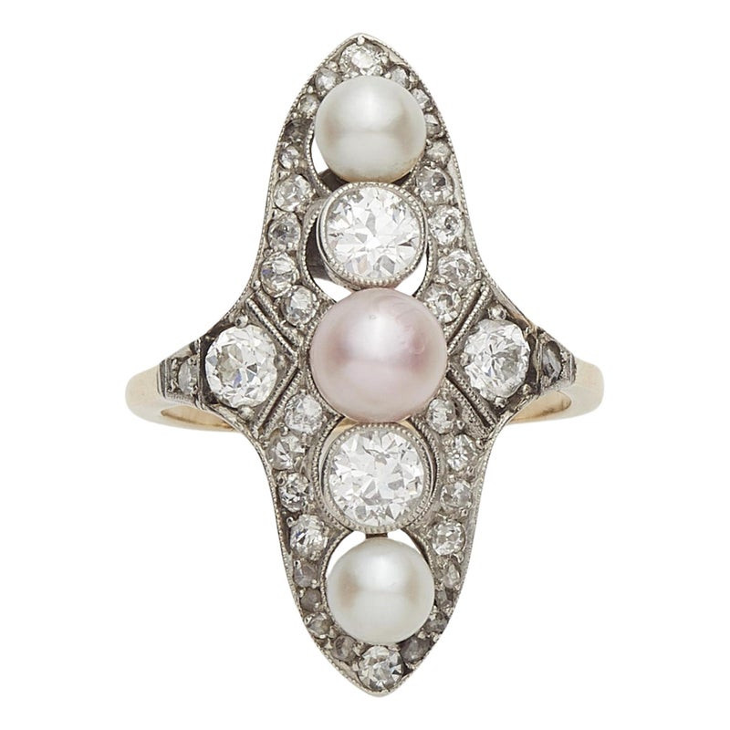 Art Déco Ring With Diamonds And Pearls Circa 1920's