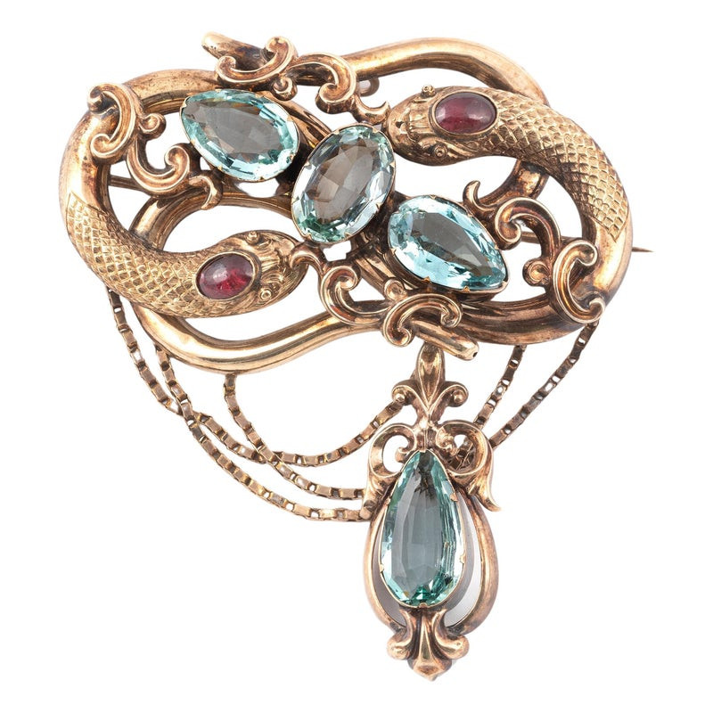 Victorian Gold And Aquamarine Large Snake Brooch/Pendant