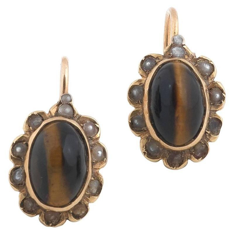 Pair of Tiger Eye Pearl Gold Earrings