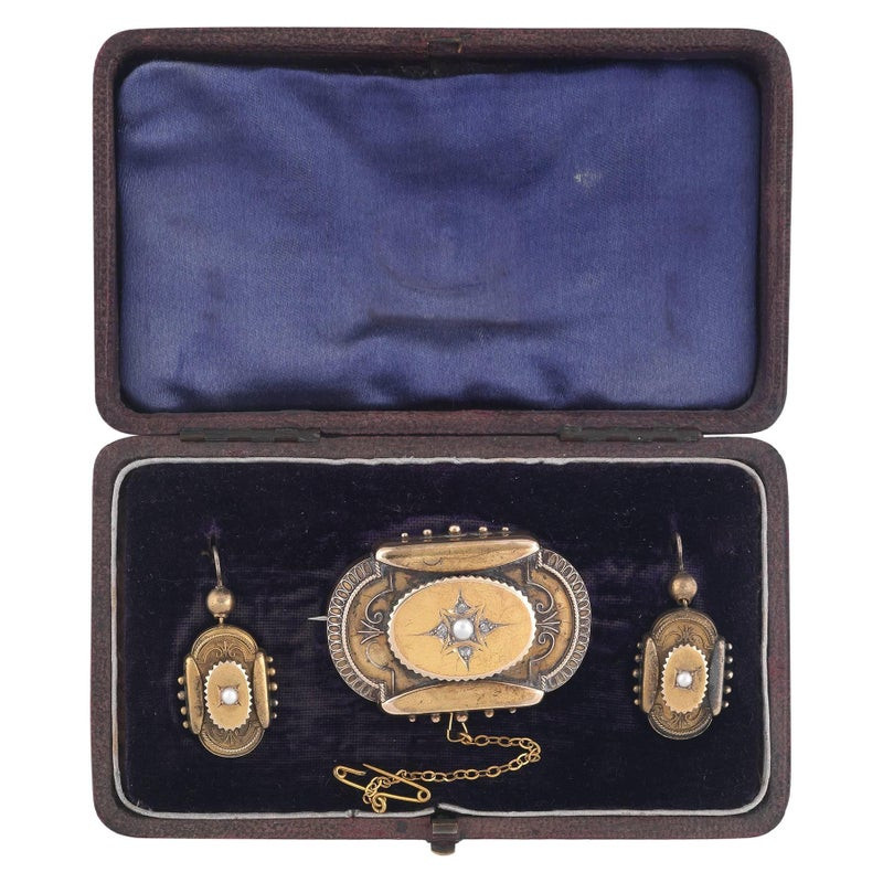 Victorian Brooch Earrings Half Pearl Gold Brooch Earrings Set