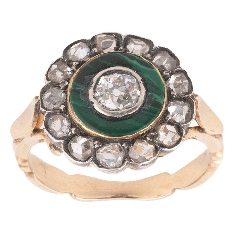 Antique Malachite And Diamond Cluster Ring