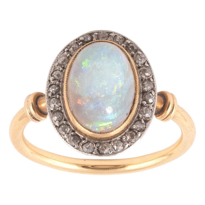 Antique Oval Opal and Cluster Diamond Ring Late 19th Century