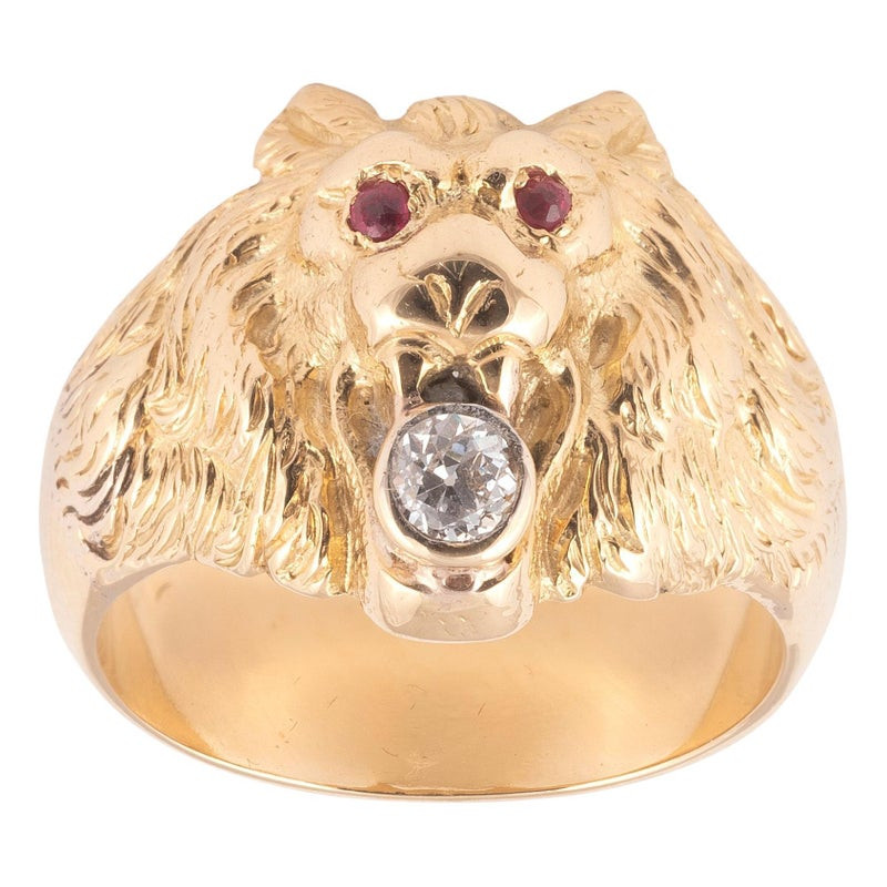 Vintage Gold Ruby And Old Cut Diamond Lion Men’s Ring