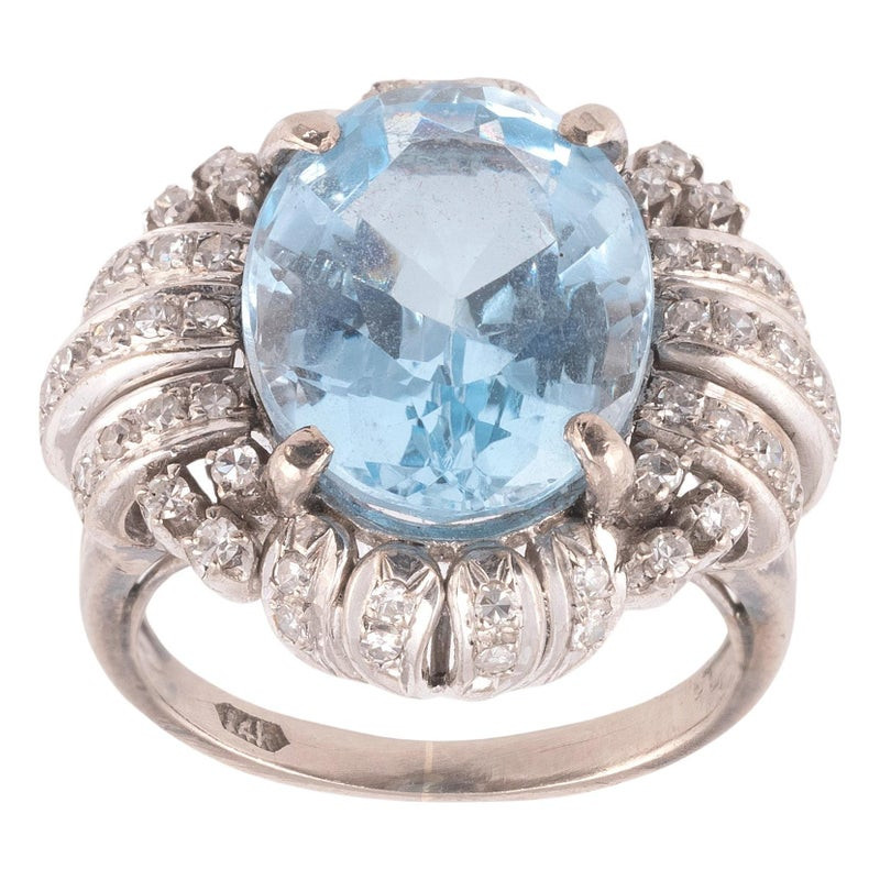 Vintage 14kt White Gold Diamond And Aquamarine Ring