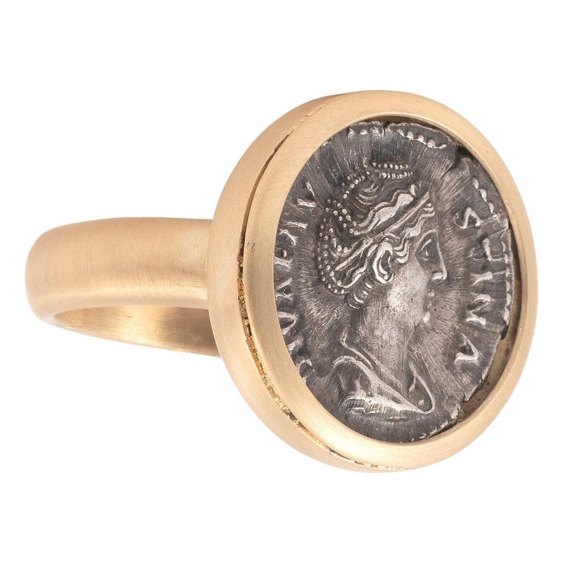 Gold Ring Featuring Roman Silver Denarius of Diva Faustina Senior 146 AD