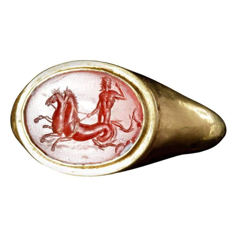 Roman Gold Ring Carnelian Intaglio Neptune In Biga Of Hippocamps 1st Century AD