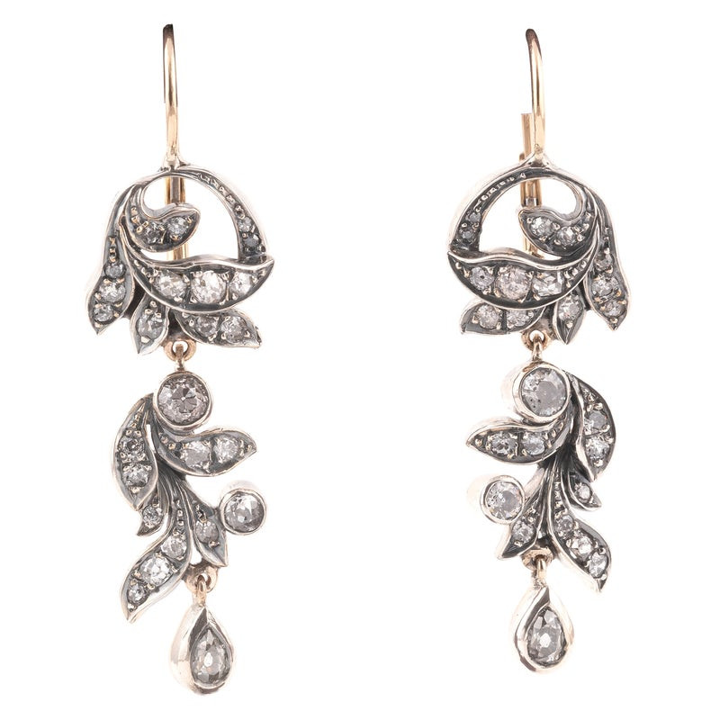 Antique Old Cut Diamonds Silver and Gold Earrings 1890 ca.