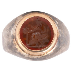 Roman Carnelian  Actor Intaglio Set Silver And Gold Ring circa 2nd Century A.D