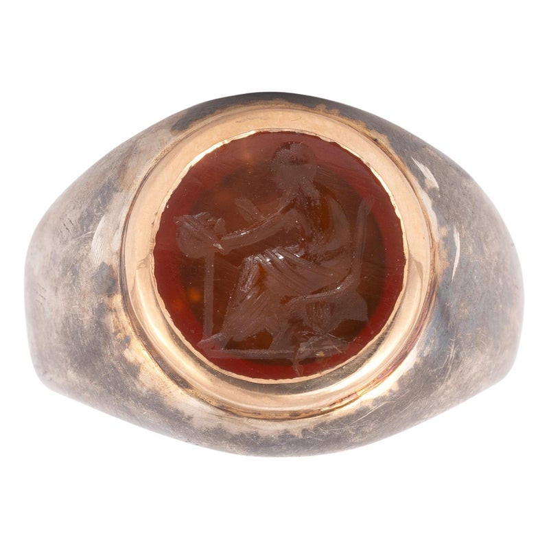 Roman Carnelian  Actor Intaglio Set Silver And Gold Ring circa 2nd Century A.D