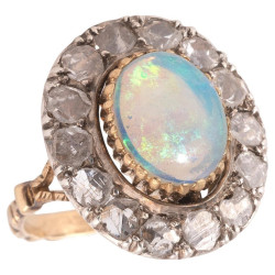 Early 1900's Cabochon Opal And Rose Diamond Cluster Ring