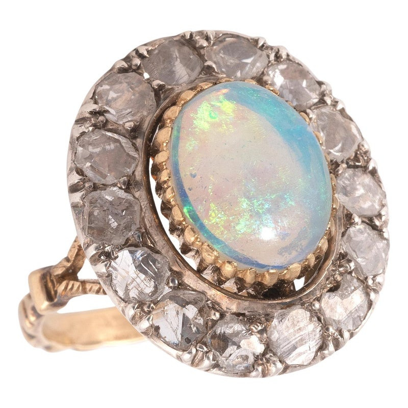 Early 1900's Cabochon Opal And Rose Diamond Cluster Ring