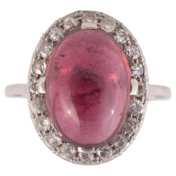 Retro 18kt White Gold Cabochon Rubelite And Old Cut Diamond Cluster Ring