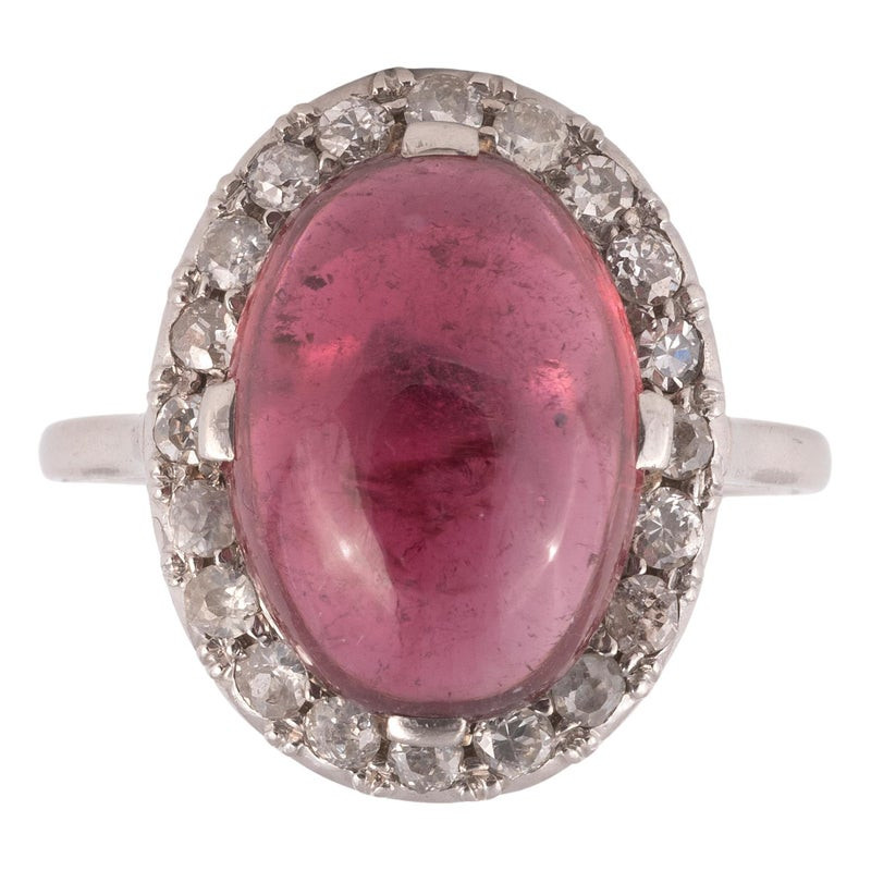 Retro 18kt White Gold Cabochon Rubelite And Old Cut Diamond Cluster Ring