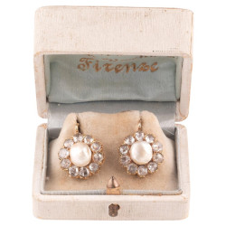 Antique Natural Pearl and Diamond Cluster Earrings