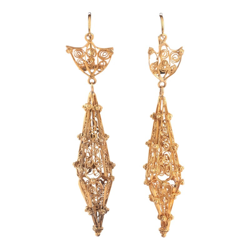 Antique Early 19th Century Gold Filigree Etruscan Revival Earrings