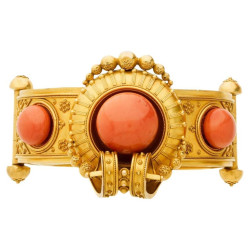 Archaeological Revival Gold And Coral Bangle Bracelet 1860's