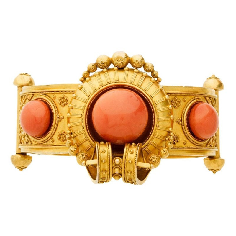 Archaeological Revival Gold And Coral Bangle Bracelet 1860's