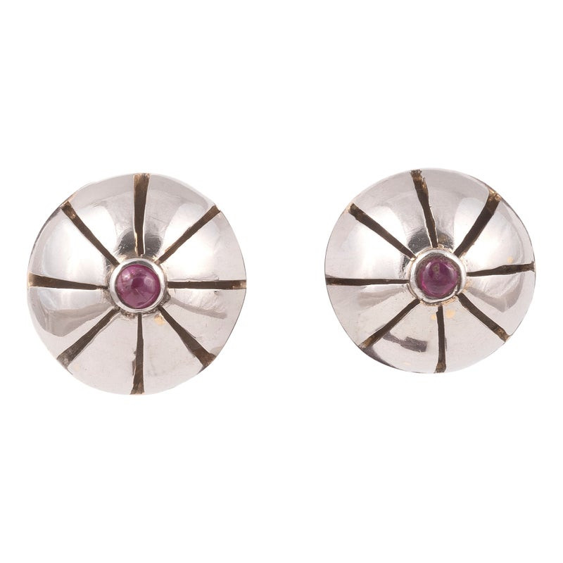 Retro Pair Of Platinum And Cabochon Ruby Ear-studs