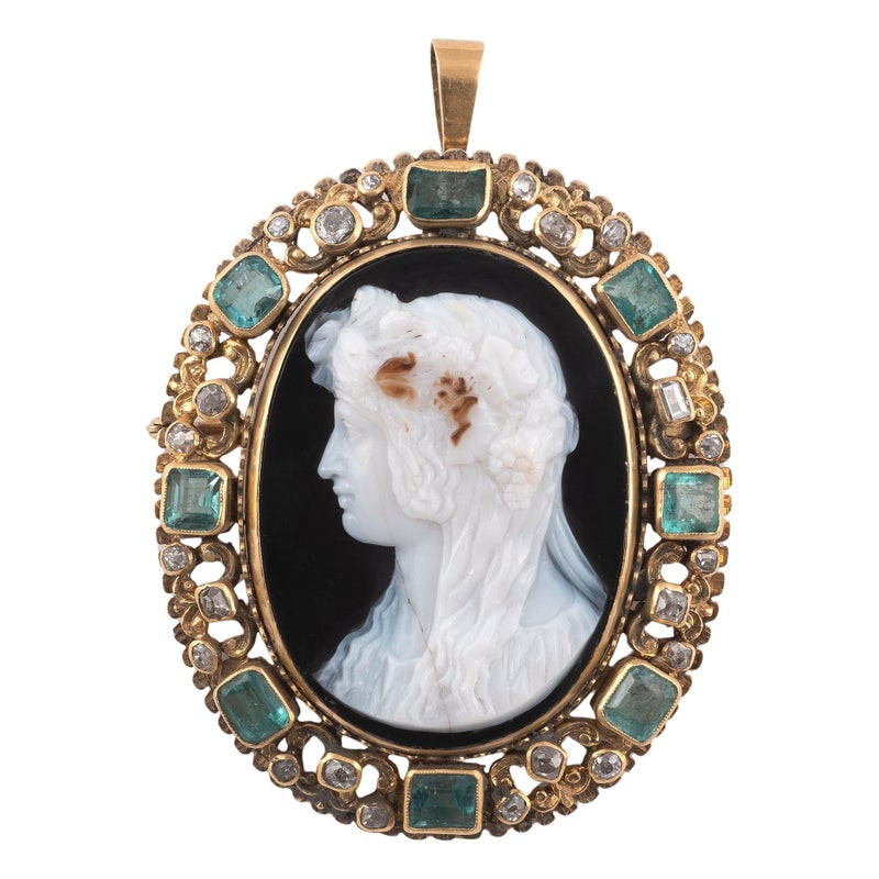 A Flora Cameo Emerald Diamond And Yellow Gold Brooch-Pendant