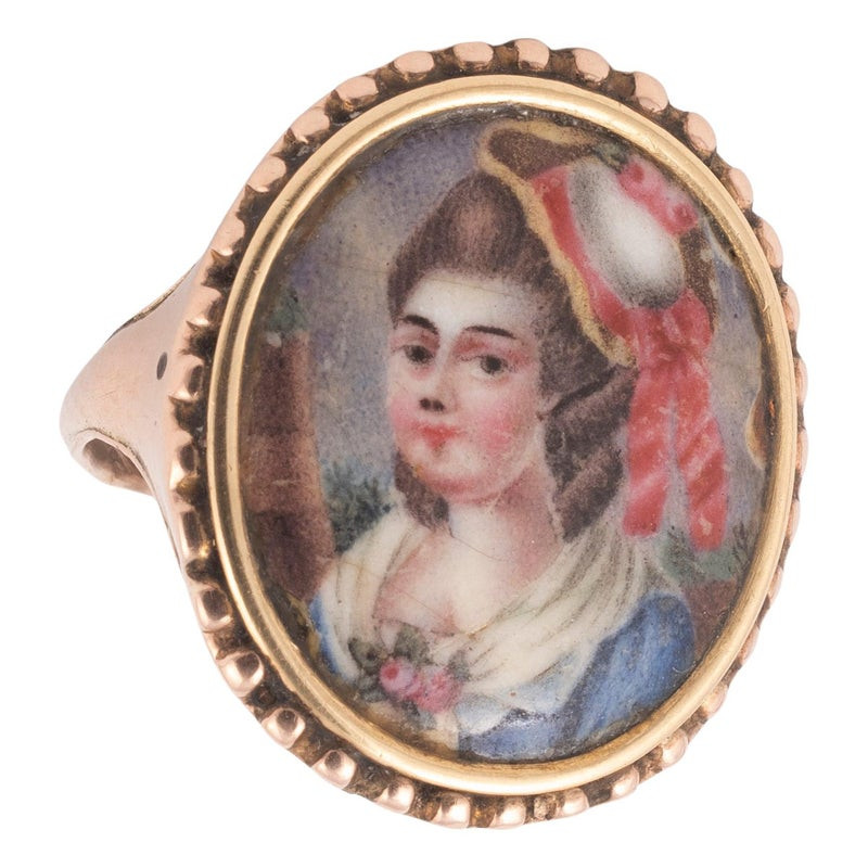 18th Century Gold Portrait Miniature Ring A Lady Painted Enamel