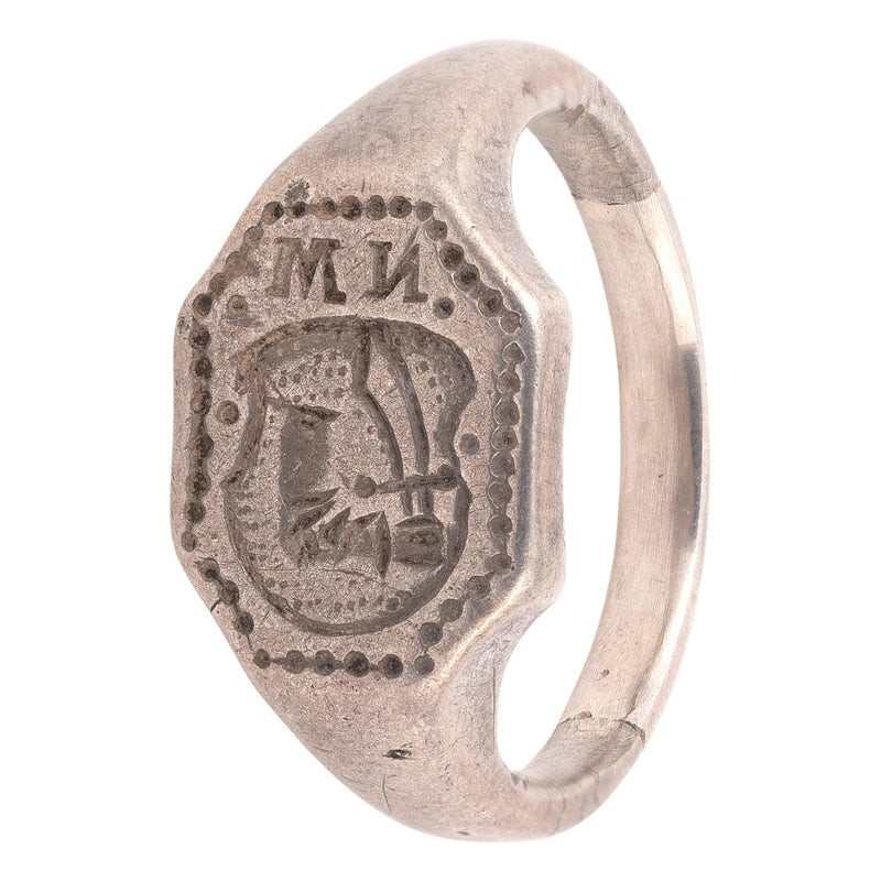 Silver Merchant's Men's Ring Seal Ring With Shield And Letters XV Sec.