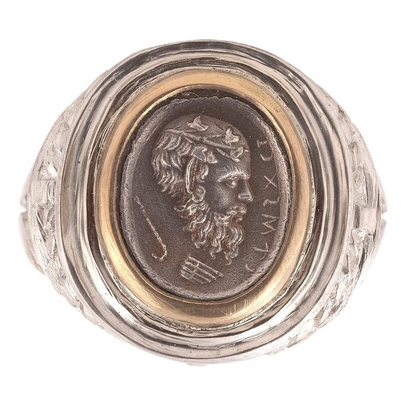 18kt Yellow Gold And Silver Cameo Pan Men's Ring