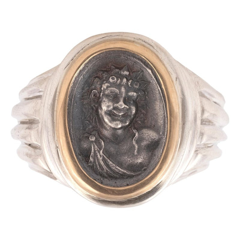 18kt Yellow Gold And Silver Cameo A Smiling Satyr Men's Ring