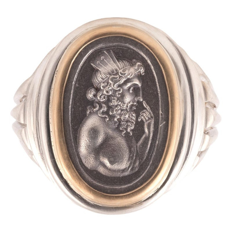 18kt Yellow Gold And Silver Cameo Neptune Men's Ring