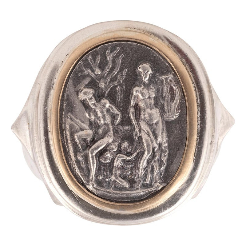 18kt Yellow Gold And Silver Cameo Allegorical Scene Men's Ring