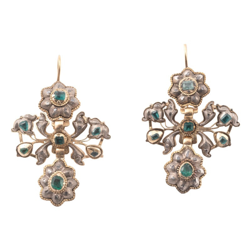 Antique Iberian Of Diamond & Emerald Girandole Pendant Earrings 18th Century