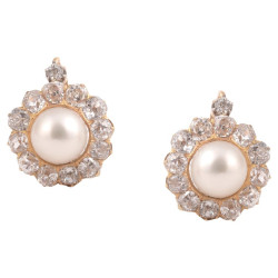 Natural Saltwater Pearl And Diamond Cluster Earrings Late 19th Century