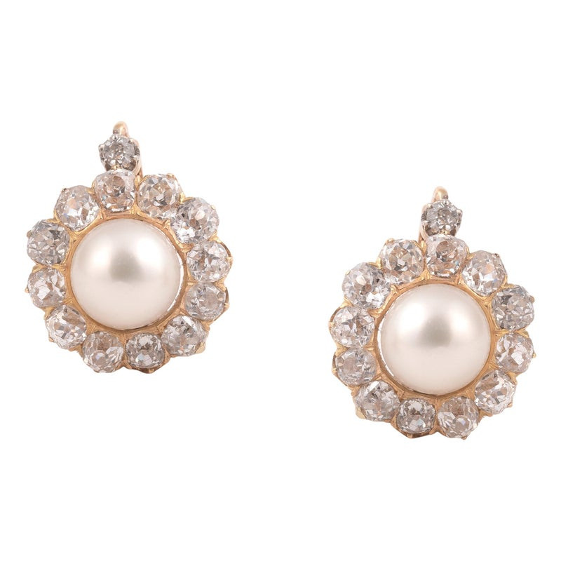 Natural Saltwater Pearl And Diamond Cluster Earrings Late 19th Century