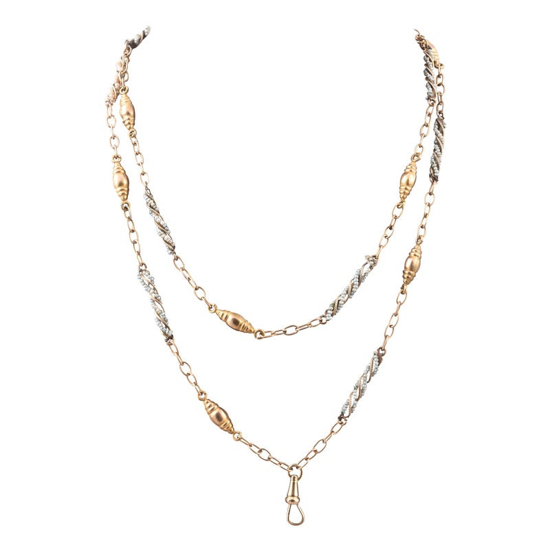 Antique Italian Long Gold And Natural Pearls Link Chain Necklace