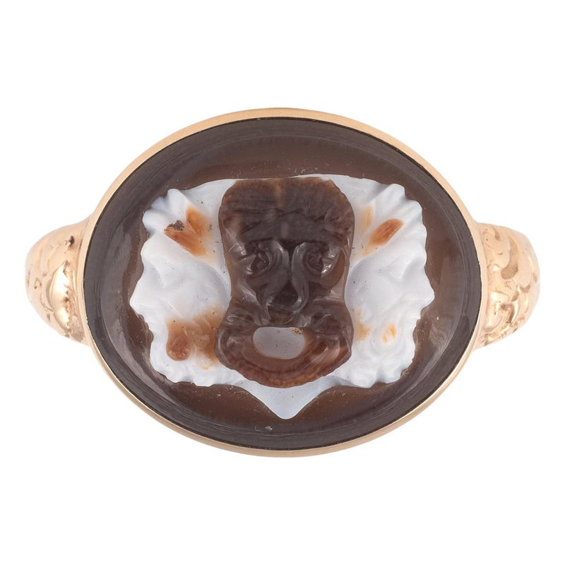 Agate cameo Tragic Greek Theatre Mask Ring Early 19th century