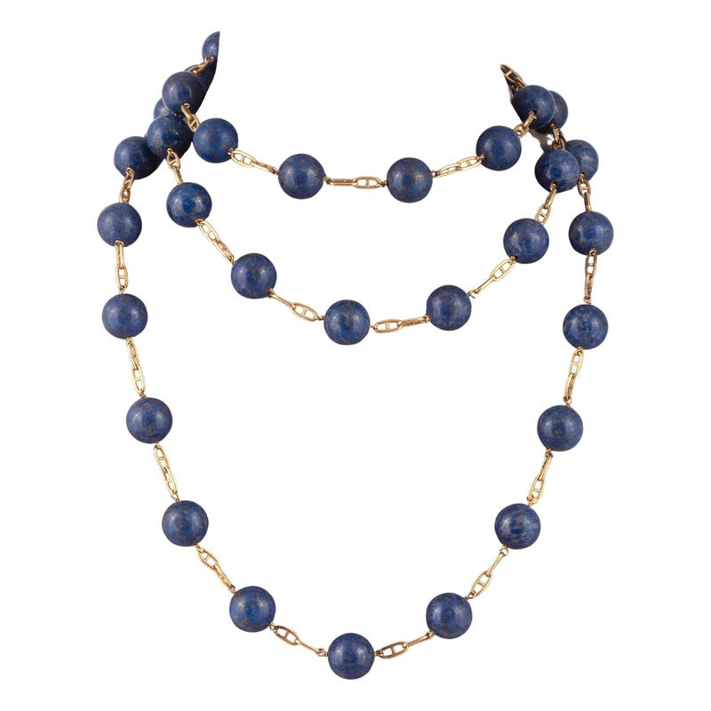 Vintage Mid-Century Lapis Lazuli Beaded Long Necklace In 18k Yellow Gold