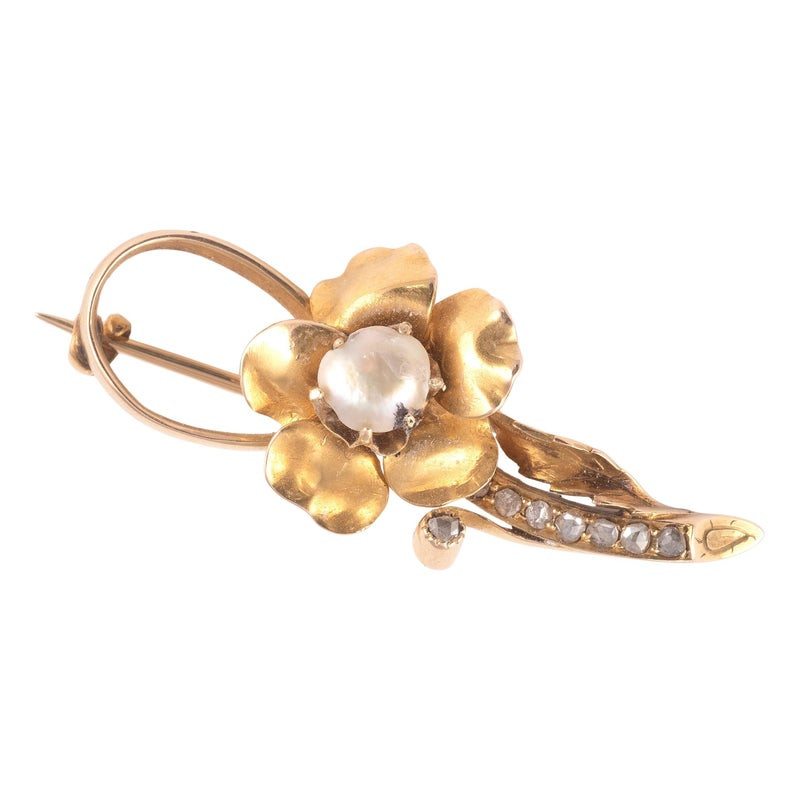 Natural Pearl And Rose Diamond Floral Spray Brooch