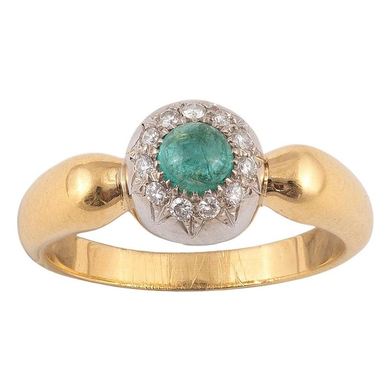 18 Karat Yellow Gold Emerald and Diamond Cluster Ring