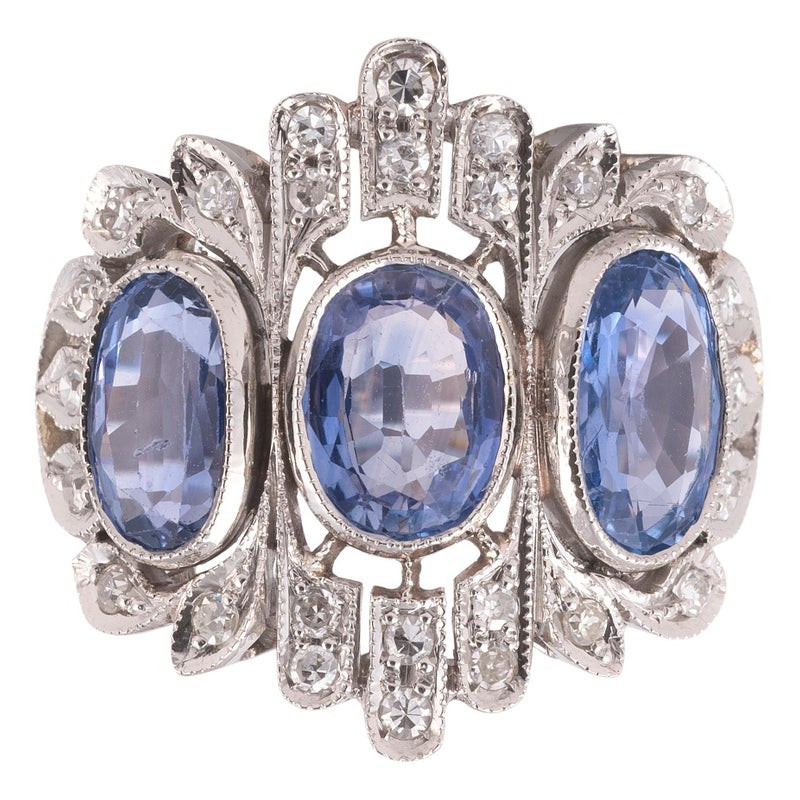 Antique Art Deco Platinum Three Sapphire Stone And Old Cut Diamond Ring