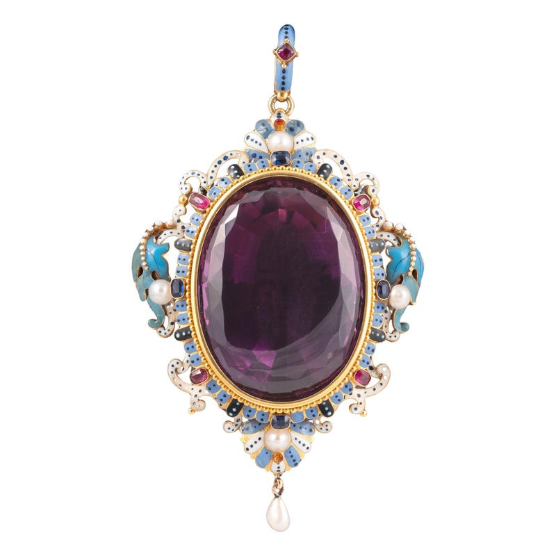 Neo-Renaissance Pendant with Amethyst and Enamels Attributed to Carlo Giuliano