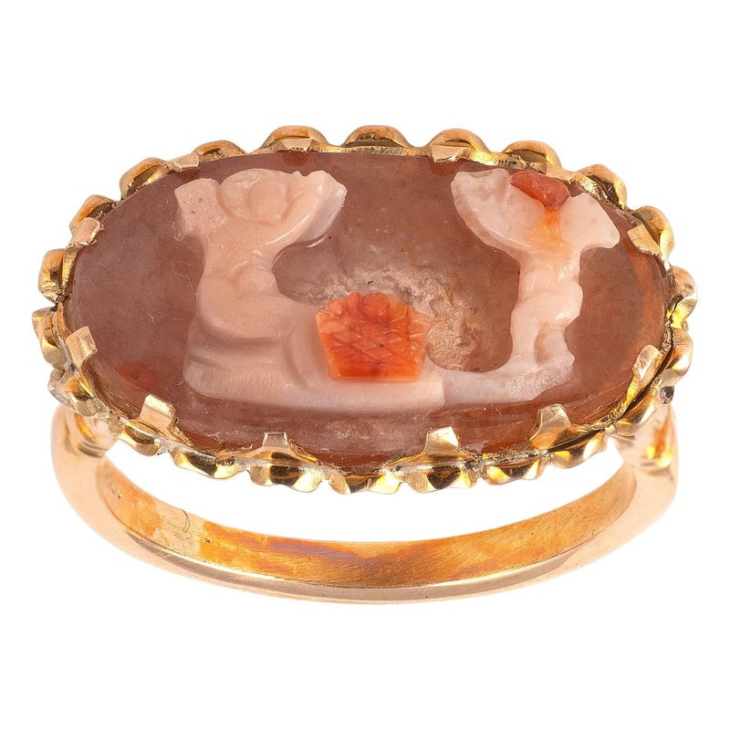 Roman Two Putti Pinkish Agate in Gold Ring 3rd-4th century AD