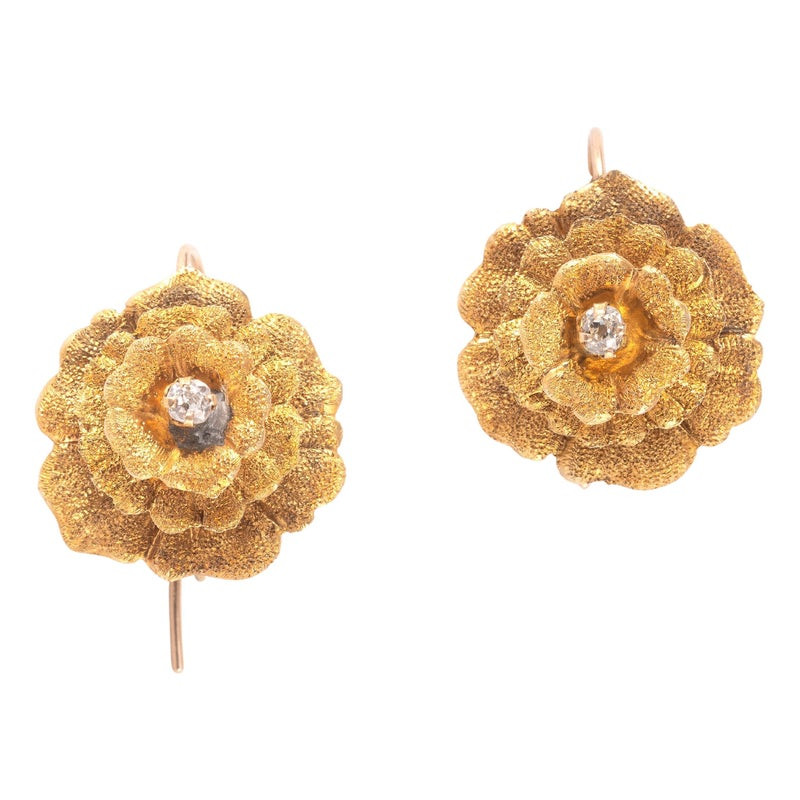 Antique Gold And Old Cut Diamond Flower Earrings