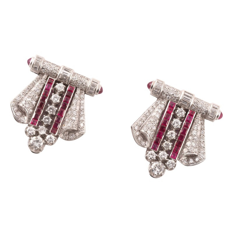 An Art Deco Platinum Diamond And Ruby Double Clip Brooch