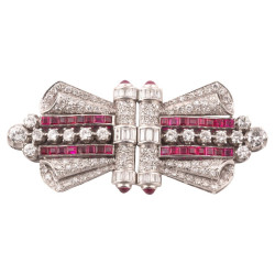 An Art Deco Platinum Diamond And Ruby Double Clip Brooch