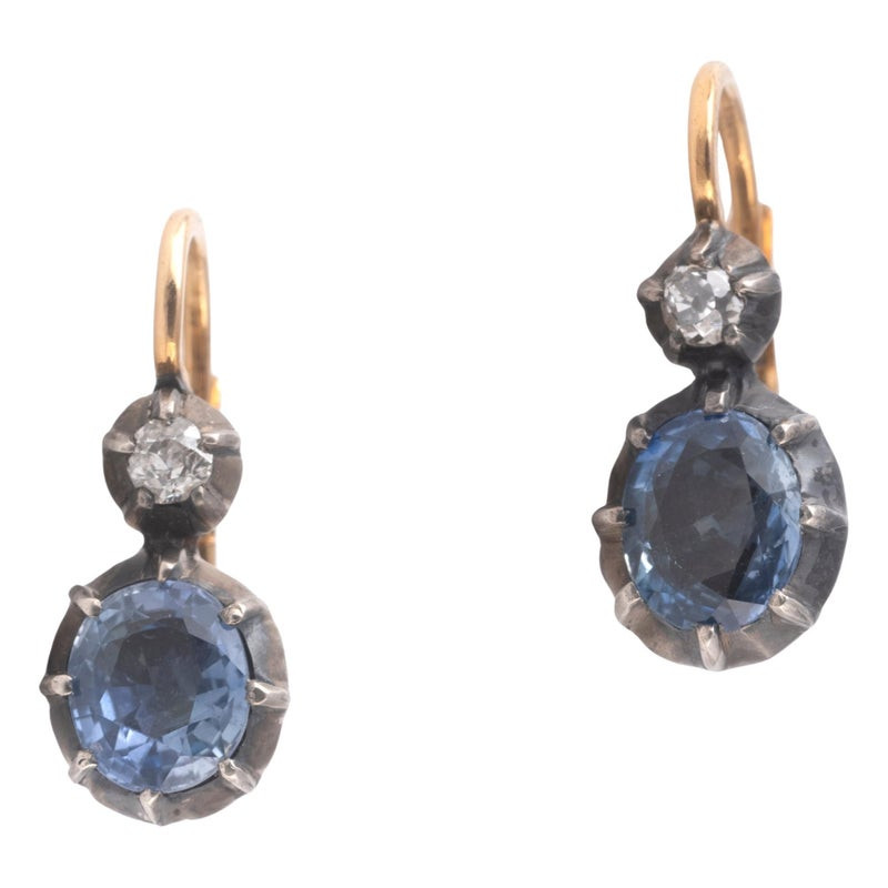 Antique Sapphire And Old Mine Diamond Gold Silver Drop Earrings