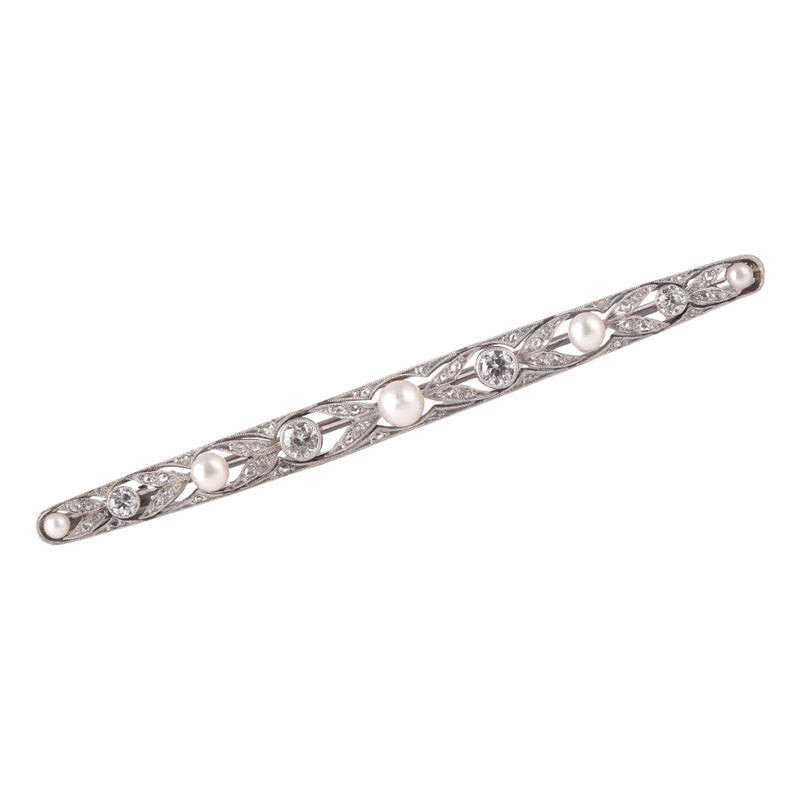 Art Deco Platinum Pearl And Old Cut Diamond Bar Brooch