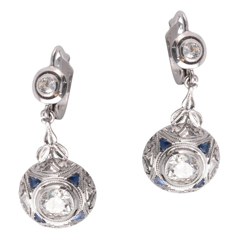 Pair of Sapphire and Diamond Pendent Earrings
